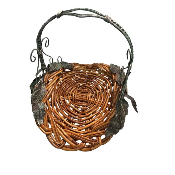 Vintage Branch & Metal Woven Wicker Basket w/Leaf Accent Handles Rustic Country - Picture 1 of 8